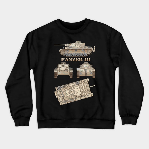 Panzer III 3 Tank German WW2 Medium Tanks Color Diagram Gift Crewneck Sweatshirt by Battlefields